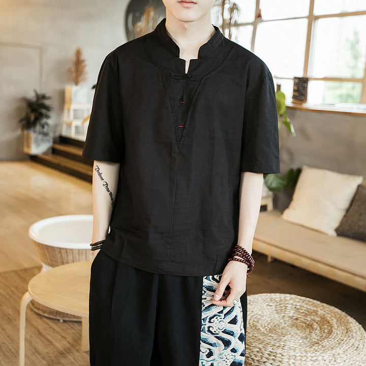 Camicia da uomo in cotone a mezza manica con bottoni a rana e collo a intaglio, tinta unita, motivo Buddha Stones Summer