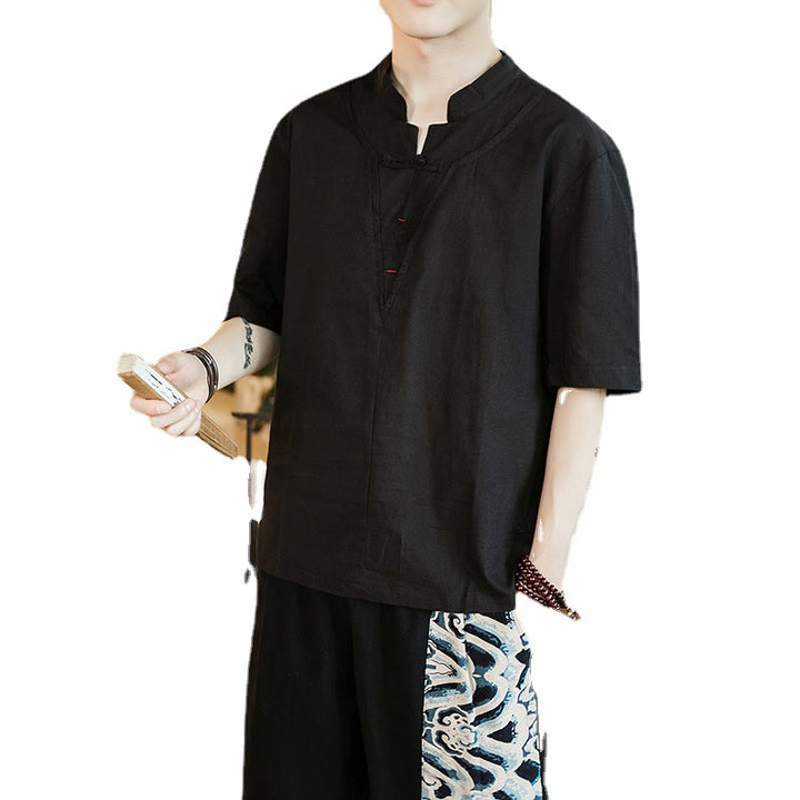 Camicia da uomo in cotone a mezza manica con bottoni a rana e collo a intaglio, tinta unita, motivo Buddha Stones Summer