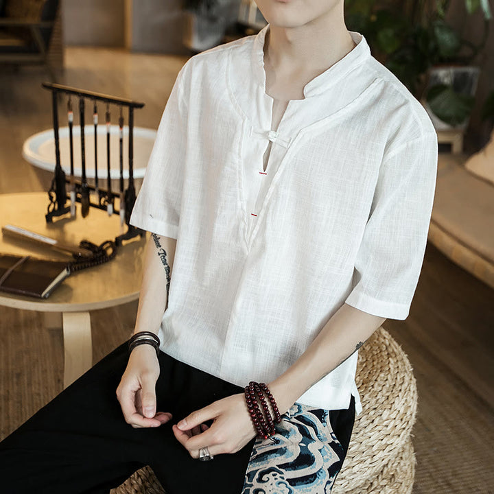 Camicia da uomo in cotone a mezza manica con bottoni a rana e collo a intaglio, tinta unita, motivo Buddha Stones Summer - image 2