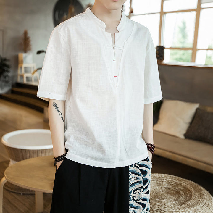 Camicia da uomo in cotone a mezza manica con bottoni a rana e collo a intaglio, tinta unita, motivo Buddha Stones Summer