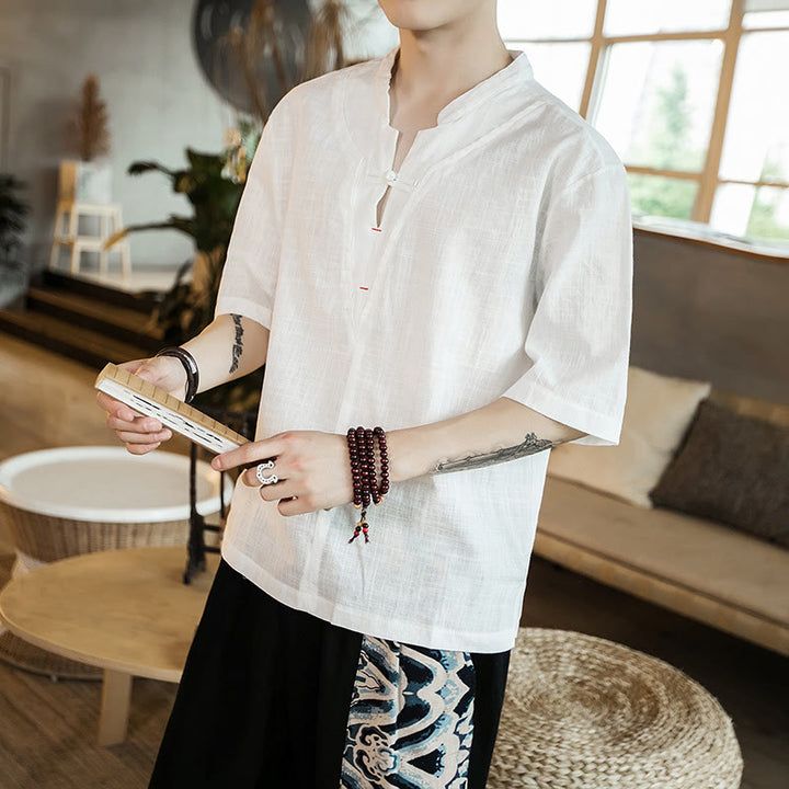 Camicia da uomo in cotone a mezza manica con bottoni a rana e collo a intaglio, tinta unita, motivo Buddha Stones Summer