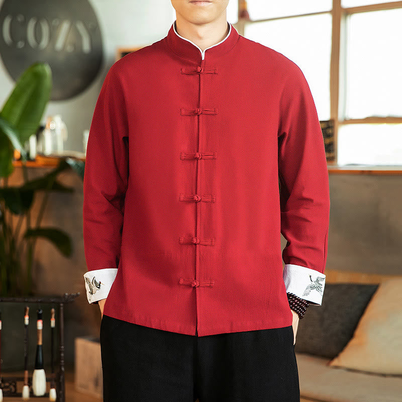 Camicia da uomo in cotone a maniche lunghe con ricamo a gru, bottoni a rana, abito Tang con Buddha Stones