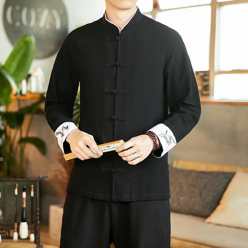 Camicia da uomo in cotone a maniche lunghe con ricamo a gru, bottoni a rana, abito Tang con Buddha Stones