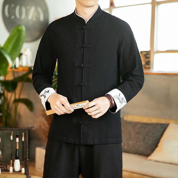 Camicia da uomo in cotone a maniche lunghe con ricamo a gru, bottoni a rana, abito Tang con Buddha Stones