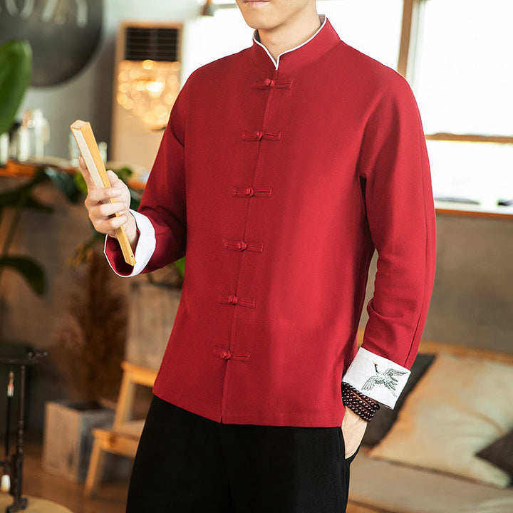Camicia da uomo in cotone a maniche lunghe con ricamo a gru, bottoni a rana, abito Tang con Buddha Stones