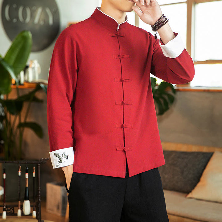 Camicia da uomo in cotone a maniche lunghe con ricamo a gru, bottoni a rana, abito Tang con Buddha Stones