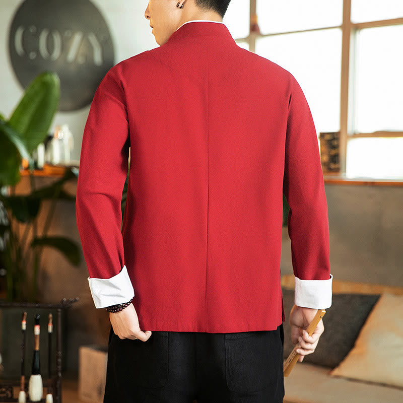 Camicia da uomo in cotone a maniche lunghe con ricamo a gru, bottoni a rana, abito Tang con Buddha Stones