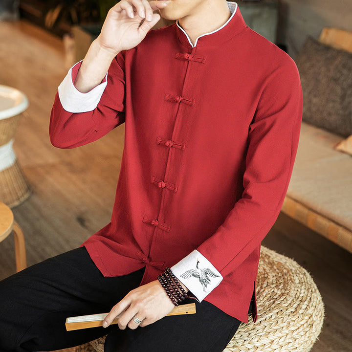Camicia da uomo in cotone a maniche lunghe con ricamo a gru, bottoni a rana, abito Tang con Buddha Stones