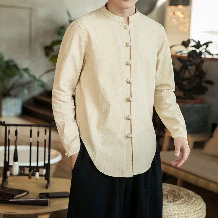 Camicia da uomo in lino con colletto alla coreana e bottoni a forma di rana, manica lunga, stile tang, motivo Buddha Stones