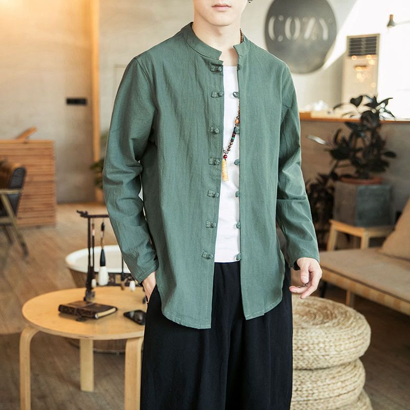 Camicia da uomo in lino con colletto alla coreana e bottoni a forma di rana, manica lunga, stile tang, motivo Buddha Stones - DarkSeaGreen - US/UK/AU46, EU56 (5XL) - image 16