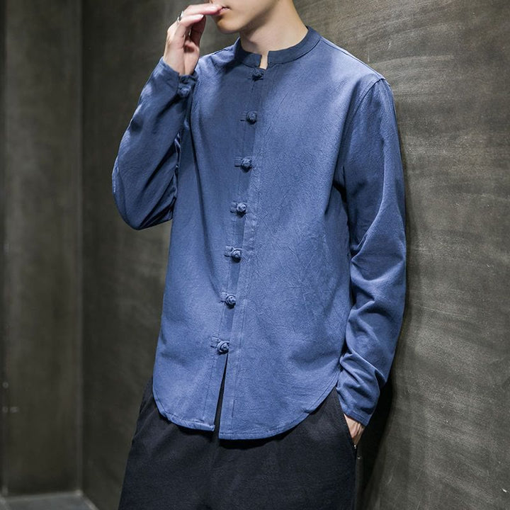 Camicia da uomo a maniche lunghe con colletto alla coreana e bottoni a rana, modello Buddha Stones Casual. - Blu fiordaliso - US/UK/AU46, EU56 (5XL) - image 14