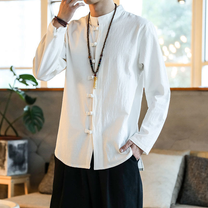 Camicia da uomo in lino con colletto alla coreana e bottoni a forma di rana, manica lunga, stile tang, motivo Buddha Stones - Bianco - US/UK/AU46, EU56 (5XL) - image 0