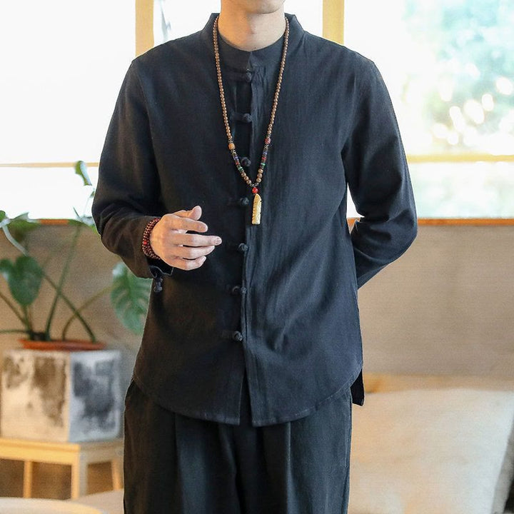 Camicia da uomo in lino con colletto alla coreana e bottoni a forma di rana, manica lunga, stile tang, motivo Buddha Stones