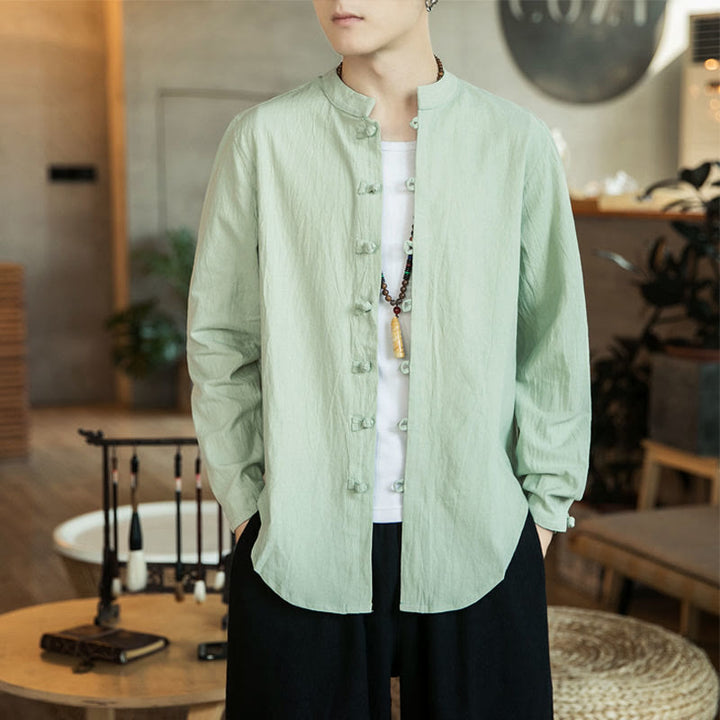 Camicia da uomo in lino con colletto alla coreana e bottoni a forma di rana, manica lunga, stile tang, motivo Buddha Stones