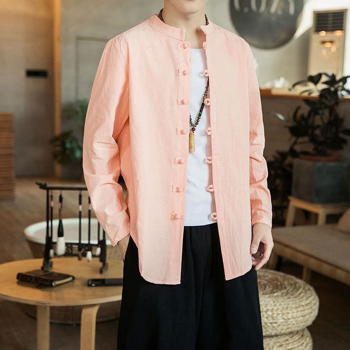 Camicia da uomo in lino con colletto alla coreana e bottoni a forma di rana, manica lunga, stile tang, motivo Buddha Stones