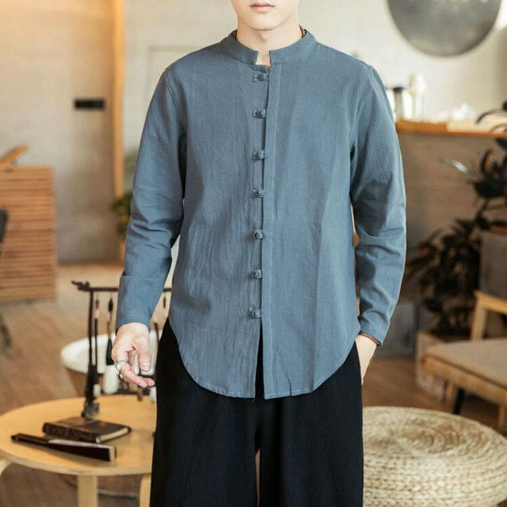 Camicia da uomo in lino con colletto alla coreana e bottoni a forma di rana, manica lunga, stile tang, motivo Buddha Stones