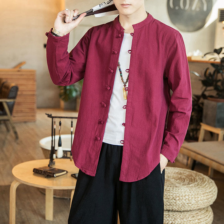 Camicia da uomo in lino con colletto alla coreana e bottoni a forma di rana, manica lunga, stile tang, motivo Buddha Stones