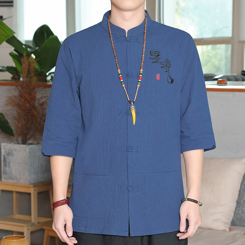 Camicia da uomo in cotone e lino con maniche a tre quarti, con bottoni a rana e Buddha Stones, abito cinese Tang