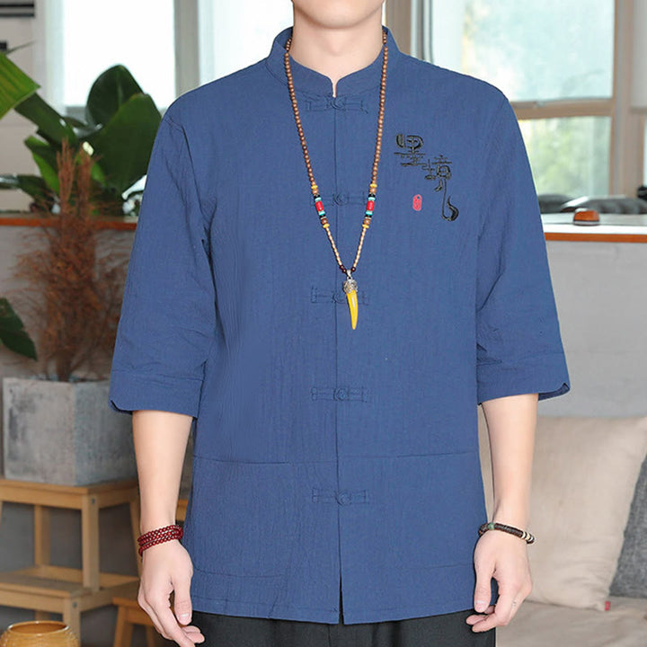 Camicia da uomo in cotone e lino con maniche a tre quarti, con bottoni a rana e Buddha Stones, abito cinese Tang