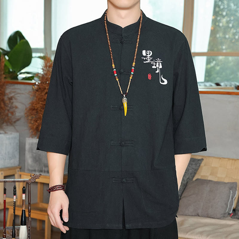 Camicia da uomo in cotone e lino con maniche a tre quarti, con bottoni a rana e Buddha Stones, abito cinese Tang