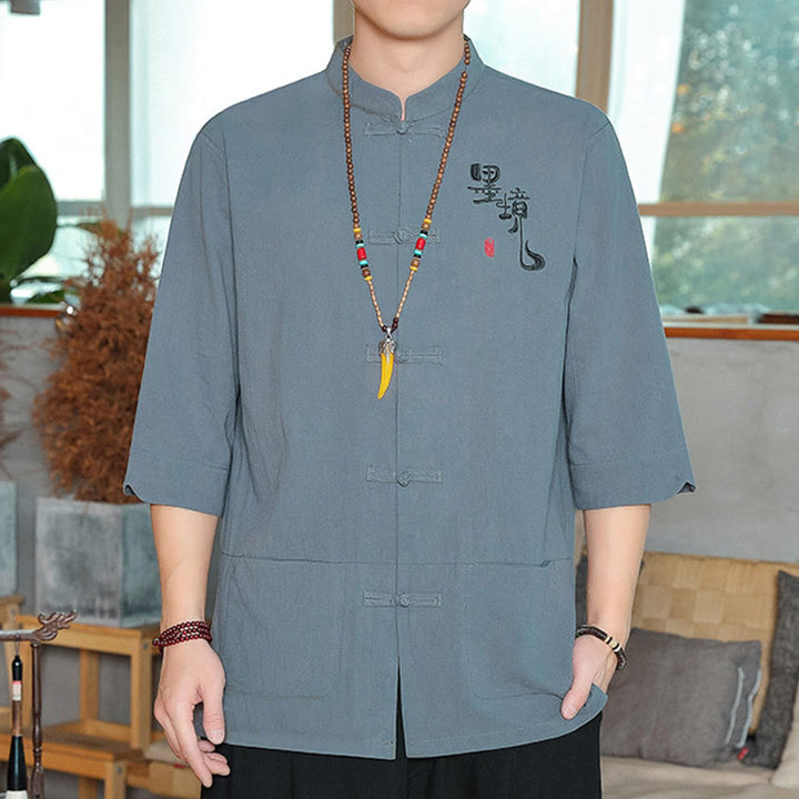 Camicia da uomo in cotone e lino con maniche a tre quarti, con bottoni a rana e Buddha Stones, abito cinese Tang