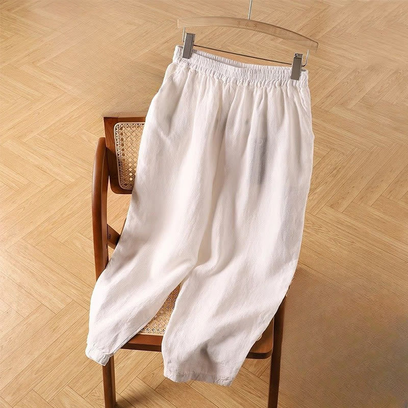 Pantaloni harem da donna in cotone e lino casual a vita alta con tasche Buddha Stones - Bianco Floreale - US14, UK/AU18, EU46 (4XL) - image 10