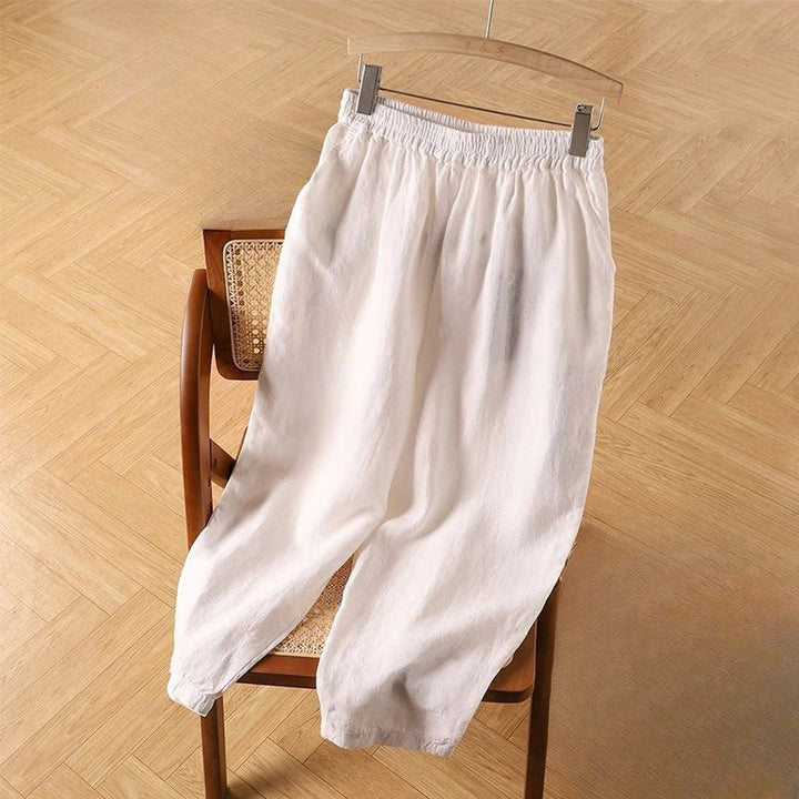 Pantaloni harem da donna in cotone e lino casual a vita alta con tasche Buddha Stones - Bianco Floreale - US14, UK/AU18, EU46 (4XL) - image 10