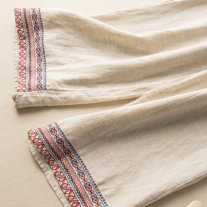 Pantaloni larghi da donna in cotone e lino con coulisse, motivo bohémien con ricamo casual Buddha Stones e tasche - image 4