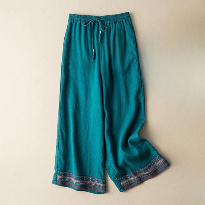 Pantaloni larghi da donna in cotone e lino con coulisse, motivo bohémien con ricamo casual Buddha Stones e tasche - VerdeMare Chiaro - US12, UK/AU16, EU44 (XL) - image 6