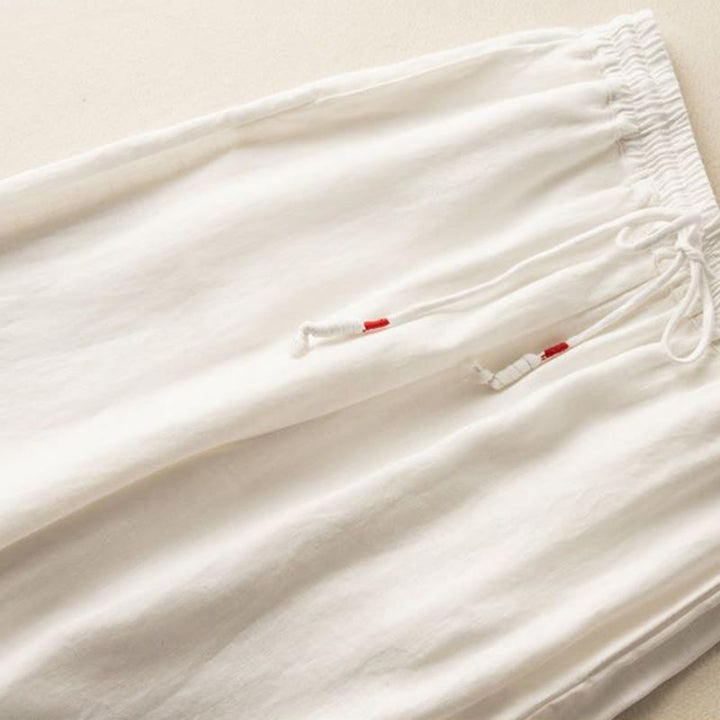 Pantaloni larghi da donna in cotone e lino con coulisse, motivo bohémien con ricamo casual Buddha Stones e tasche - image 13