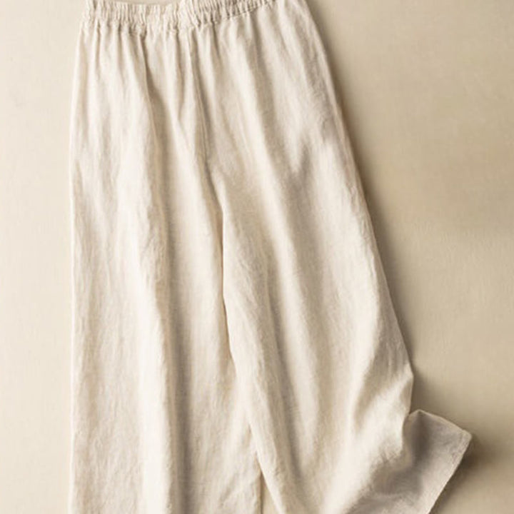 Pantaloni larghi da donna in cotone e lino con coulisse, motivo bohémien con ricamo casual Buddha Stones e tasche - image 1