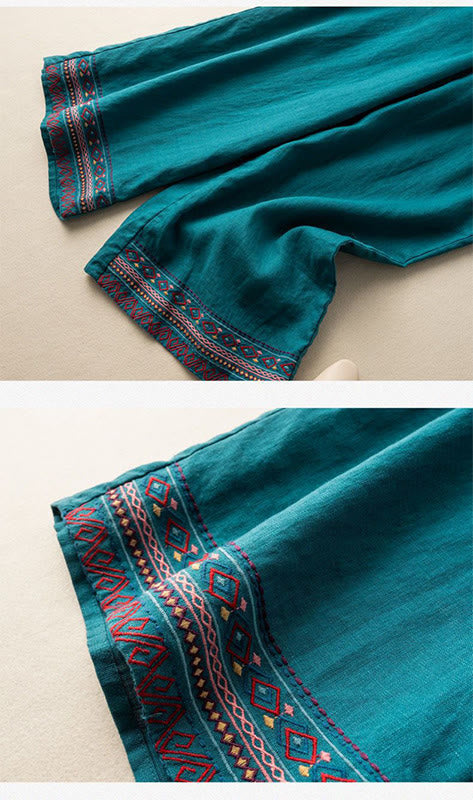 Pantaloni larghi da donna in cotone e lino con coulisse, motivo bohémien con ricamo casual Buddha Stones e tasche - image 7