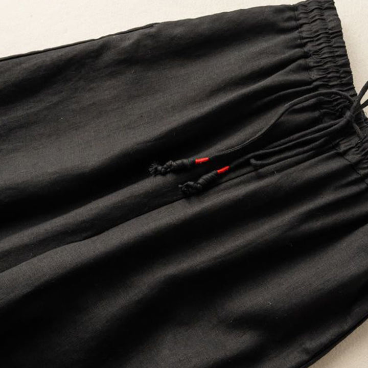 Pantaloni larghi da donna in cotone e lino con coulisse, motivo bohémien con ricamo casual Buddha Stones e tasche - image 10
