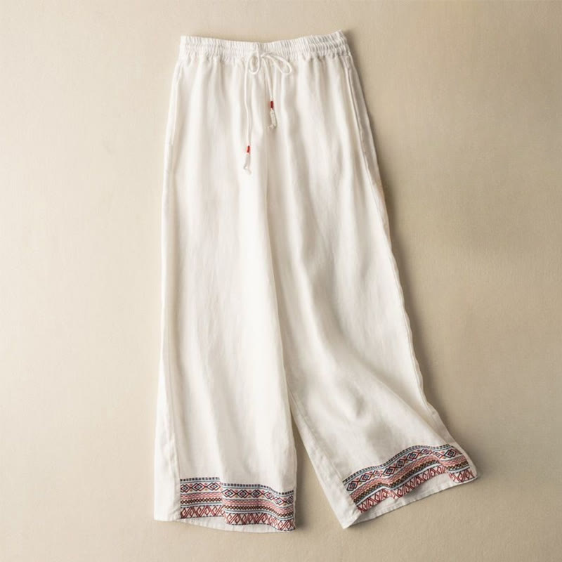 Pantaloni larghi da donna in cotone e lino con coulisse, motivo bohémien con ricamo casual Buddha Stones e tasche - OldLace - US8-10, UK/AU12-14, EU40-42 (XL) - image 12