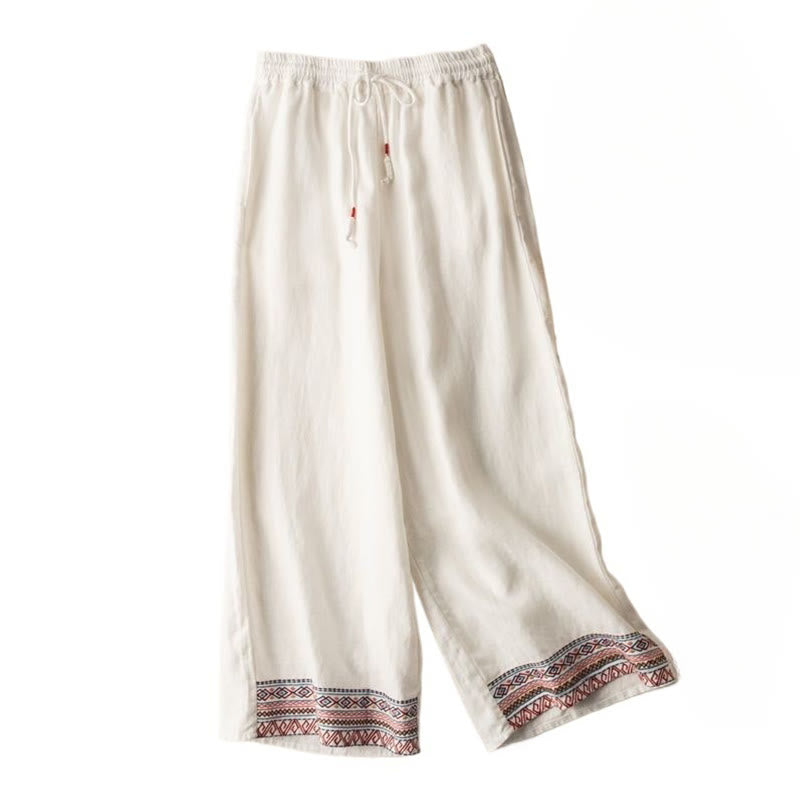 Pantaloni larghi da donna in cotone e lino con coulisse, motivo bohémien con ricamo casual Buddha Stones e tasche - image 16