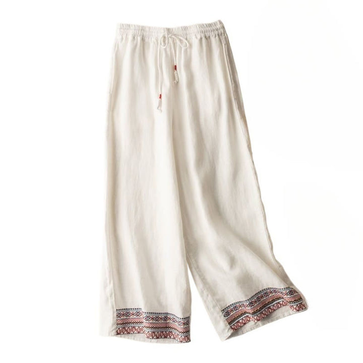 Pantaloni larghi da donna in cotone e lino con coulisse, motivo bohémien con ricamo casual Buddha Stones e tasche - image 16