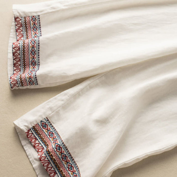 Pantaloni larghi da donna in cotone e lino con coulisse, motivo bohémien con ricamo casual Buddha Stones e tasche - image 14