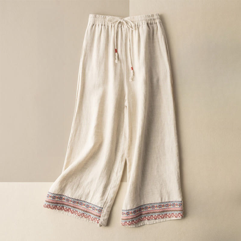 Pantaloni larghi da donna in cotone e lino con coulisse, motivo bohémien con ricamo casual Buddha Stones e tasche - Beige - US12, UK/AU16, EU44 (XL) - image 1