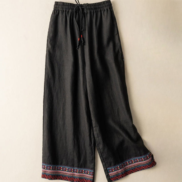 Pantaloni larghi da donna in cotone e lino con coulisse, motivo bohémien con ricamo casual Buddha Stones e tasche - Nero - US12, UK/AU16, EU44 (XL) - image 9