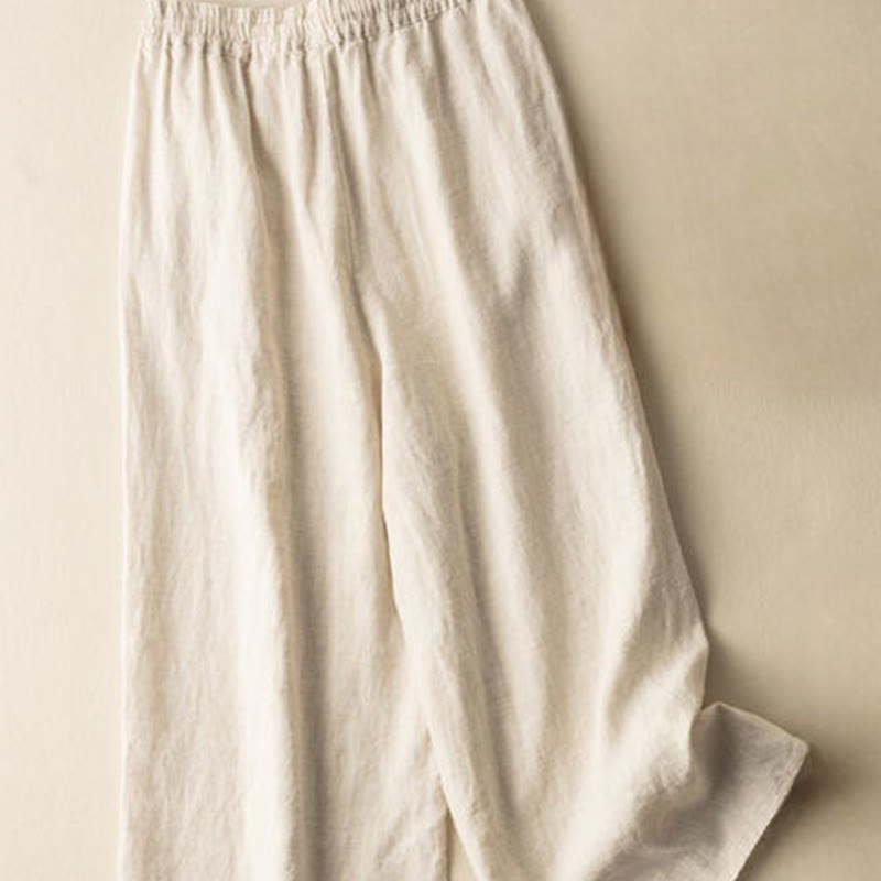 Pantaloni larghi da donna in cotone e lino con coulisse, motivo bohémien con ricamo casual Buddha Stones e tasche - image 1