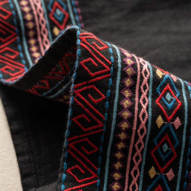 Pantaloni larghi da donna in cotone e lino con coulisse, motivo bohémien con ricamo casual Buddha Stones e tasche - image 11