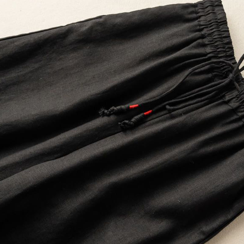 Pantaloni larghi da donna in cotone e lino con coulisse, motivo bohémien con ricamo casual Buddha Stones e tasche - image 9