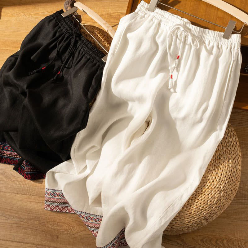 Pantaloni larghi da donna in cotone e lino con coulisse, motivo bohémien con ricamo casual Buddha Stones e tasche - image 17