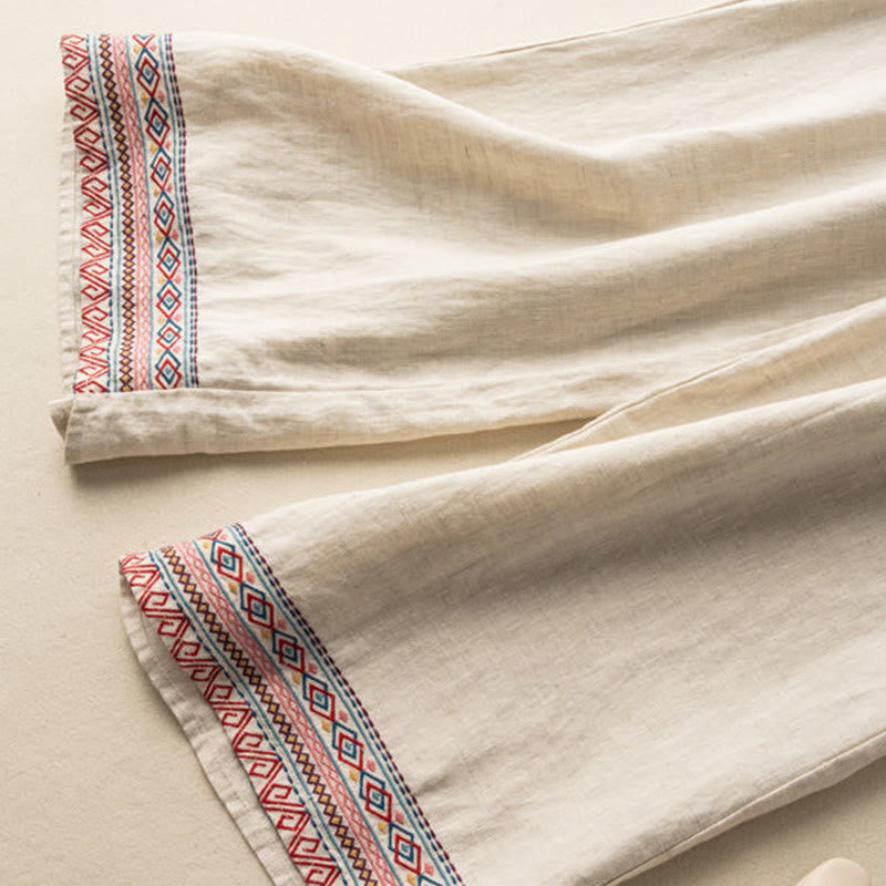 Pantaloni larghi da donna in cotone e lino con coulisse, motivo bohémien con ricamo casual Buddha Stones e tasche - image 4