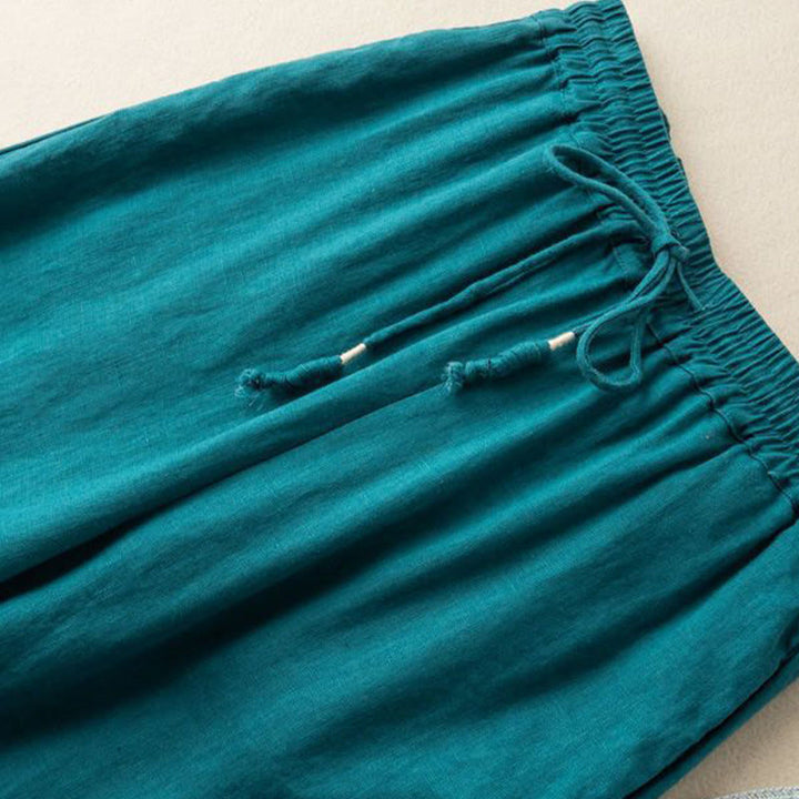 Pantaloni larghi da donna in cotone e lino con coulisse, motivo bohémien con ricamo casual Buddha Stones e tasche - image 7