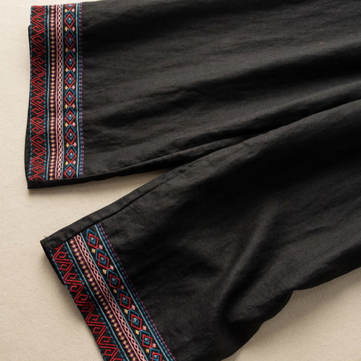 Pantaloni larghi da donna in cotone e lino con coulisse, motivo bohémien con ricamo casual Buddha Stones e tasche - image 10