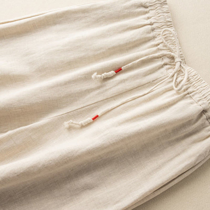 Pantaloni larghi da donna in cotone e lino con coulisse, motivo bohémien con ricamo casual Buddha Stones e tasche - image 2