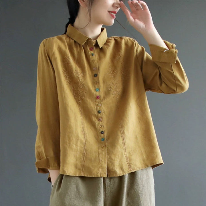 Camicia da donna in cotone e lino con etichetta a bottone colorato e maniche lunghe con ricamo primaverile Buddha Stones