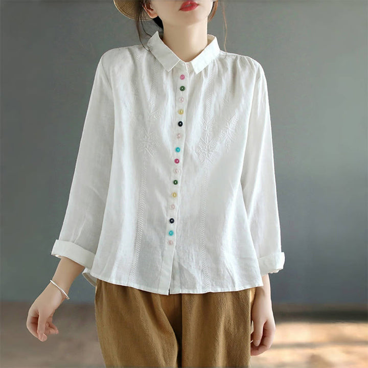 Camicia da donna in cotone e lino con etichetta a bottone colorato e maniche lunghe con ricamo primaverile Buddha Stones