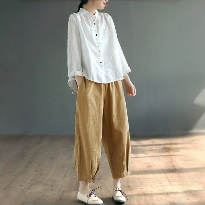 Camicia da donna in cotone e lino con etichetta a bottone colorato e maniche lunghe con ricamo primaverile Buddha Stones